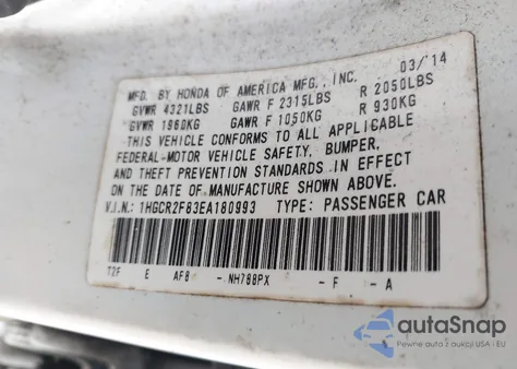 2014 Honda Accord Ex-L z USA, uszkodzony, nr VIN 1HGCR2F83EA180993